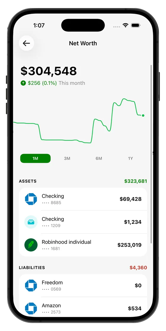 Cove net worth dashboard combining assets and liabilities