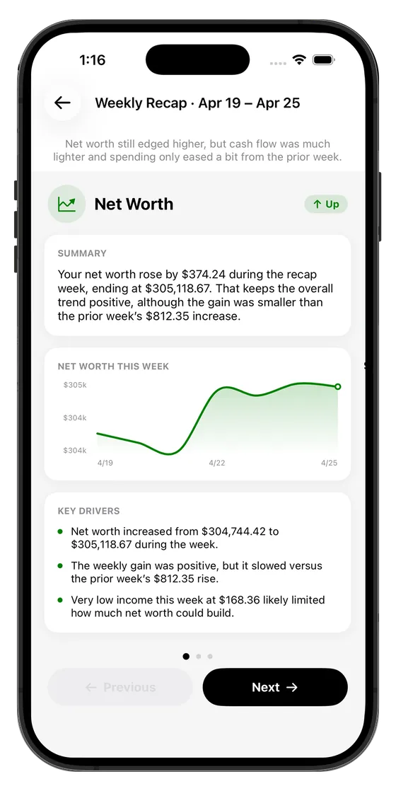 Cove weekly recap summarizing spending and net worth
